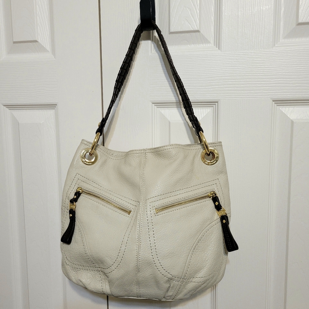 B. Makowsky Soft Cream Leather Hobo Shoulder Bag With Brown Strap